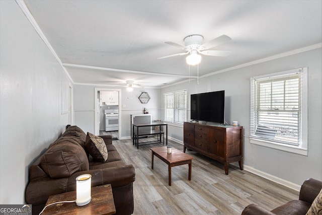 living room with ceiling fan, ornamental molding, and light hardwood / wood-style floors