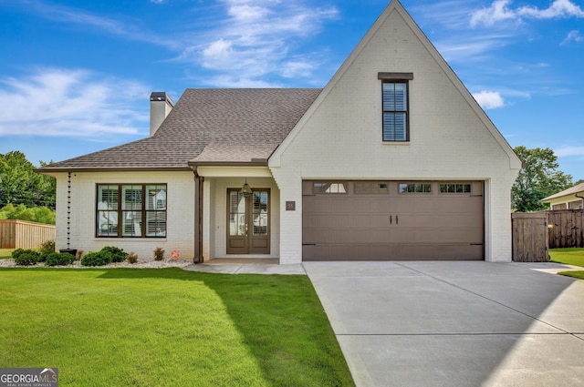 view of front of house featuring french doors, a front lawn, and a garage