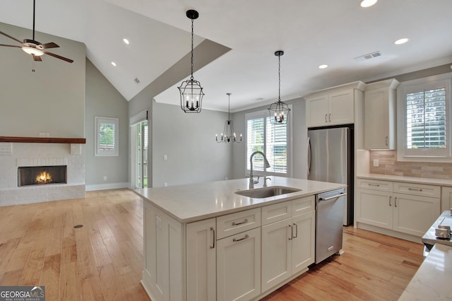 kitchen featuring appliances with stainless steel finishes, an island with sink, a fireplace, sink, and backsplash