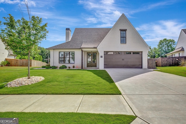 view of front of property with a front yard and a garage