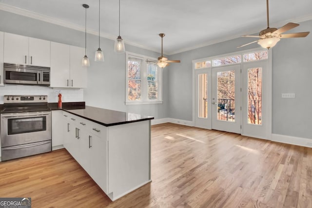 kitchen featuring stainless steel appliances, white cabinets, ornamental molding, tasteful backsplash, and kitchen peninsula