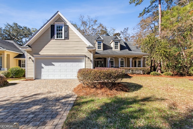 view of front of house featuring covered porch, a front lawn, and a garage