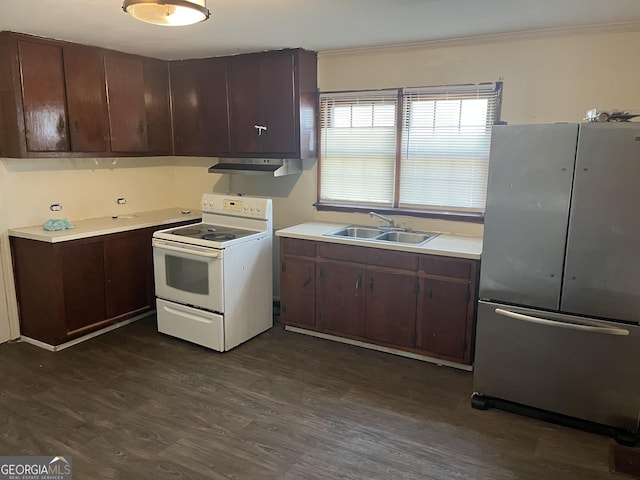 kitchen with sink, stainless steel refrigerator, dark brown cabinetry, white electric stove, and dark hardwood / wood-style flooring