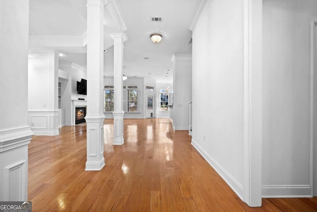 22 Lazy Hammock Ct, Savannah, GA 31419 - hall with ornamental molding, light hardwood / wood-style floors, and ornate columns