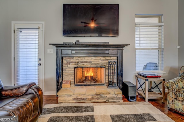 details with hardwood / wood-style flooring and a stone fireplace