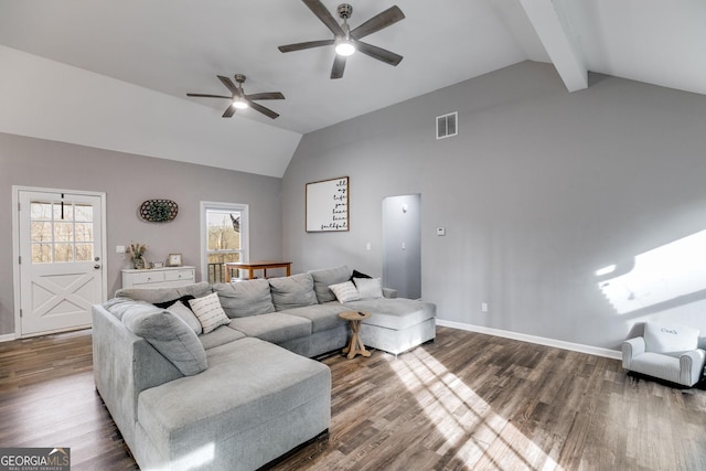 living room with wood-type flooring, ceiling fan, and vaulted ceiling with beams