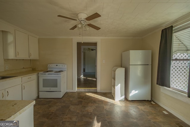 kitchen with ceiling fan, white cabinetry, ornamental molding, and white appliances