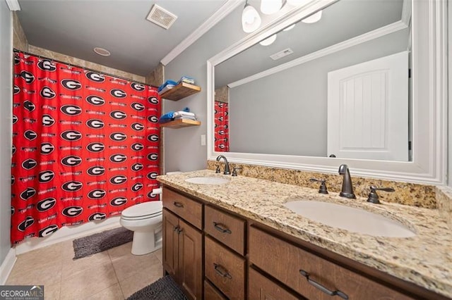 bathroom with a shower with shower curtain, ornamental molding, toilet, tile patterned floors, and vanity