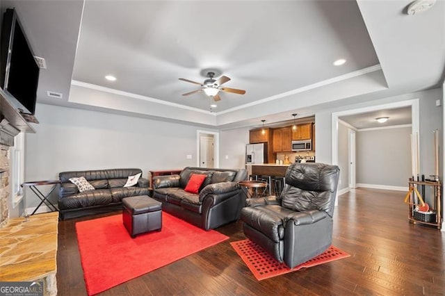 living room with a stone fireplace, dark hardwood / wood-style floors, and a tray ceiling