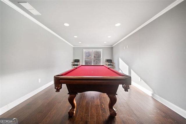 playroom featuring pool table, ornamental molding, and wood-type flooring