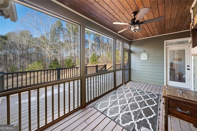 sunroom / solarium with ceiling fan and wood ceiling