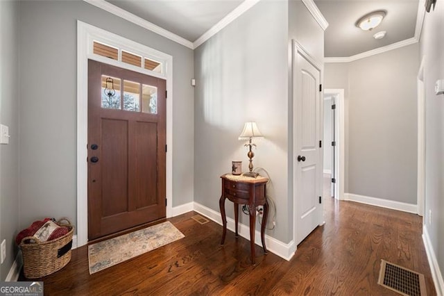 entryway featuring crown molding and dark wood-type flooring