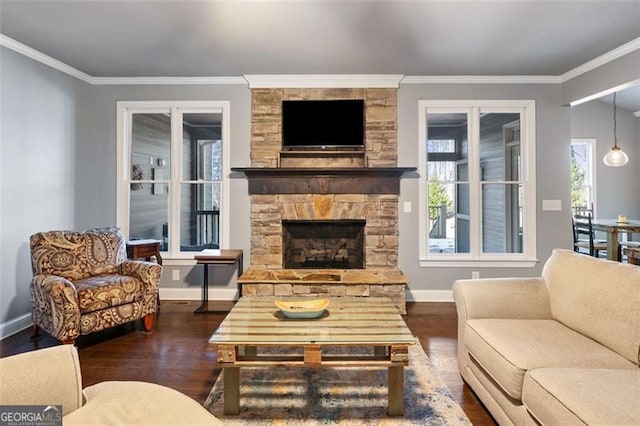 living room featuring a fireplace, ornamental molding, and dark hardwood / wood-style floors