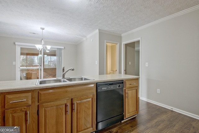 kitchen featuring a textured ceiling, decorative light fixtures, an inviting chandelier, black dishwasher, and sink