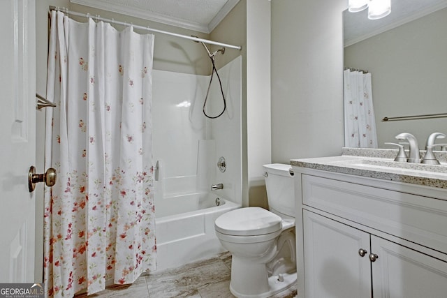 full bathroom with toilet, a textured ceiling, ornamental molding, shower / bath combo, and vanity