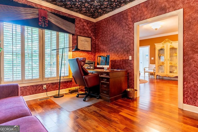 home office featuring ornamental molding and wood-type flooring