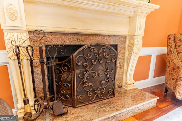 details with a premium fireplace and hardwood / wood-style floors