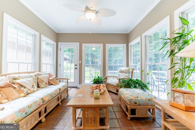 sunroom / solarium with ceiling fan