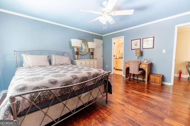 bedroom featuring ensuite bathroom, ceiling fan, hardwood / wood-style flooring, and crown molding