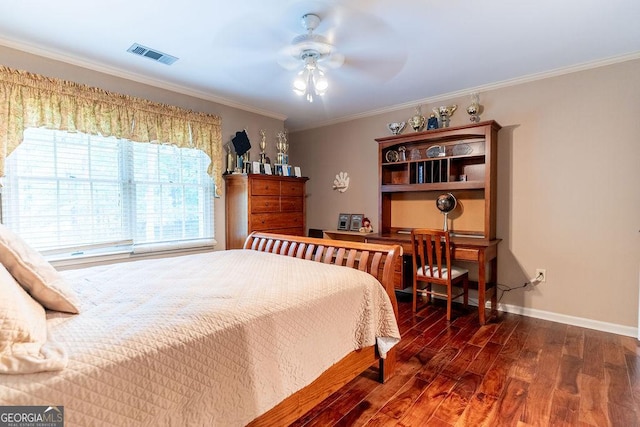 bedroom with ceiling fan, crown molding, and dark hardwood / wood-style floors