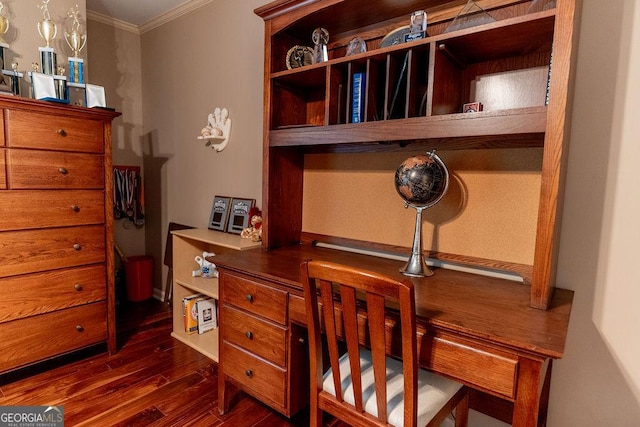 home office with dark hardwood / wood-style flooring and ornamental molding