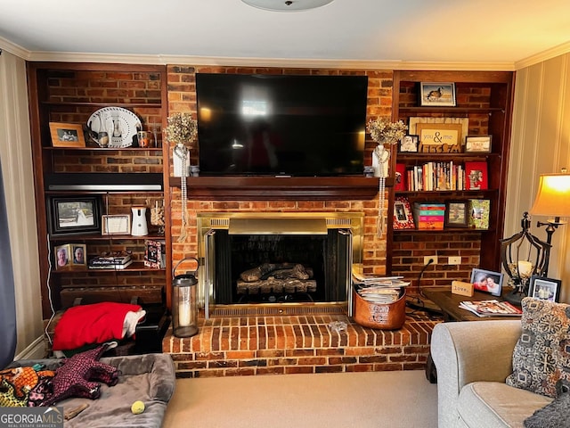 living room with crown molding, carpet, and a brick fireplace