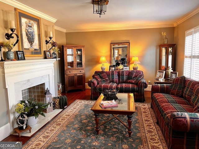 living room featuring crown molding and dark hardwood / wood-style floors