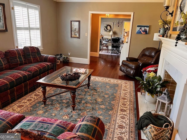 living room featuring hardwood / wood-style floors and a high end fireplace