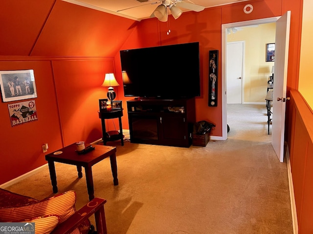 314 Cherokee Rd, Thomaston, GA 30286 - carpeted living area with ceiling fan, baseboards, and vaulted ceiling