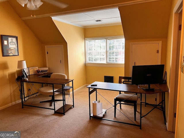 office area with crown molding and carpet