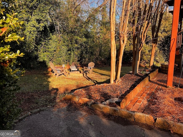 view of yard featuring an outdoor fire pit