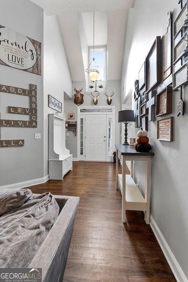 entryway with high vaulted ceiling, an inviting chandelier, and dark wood-type flooring