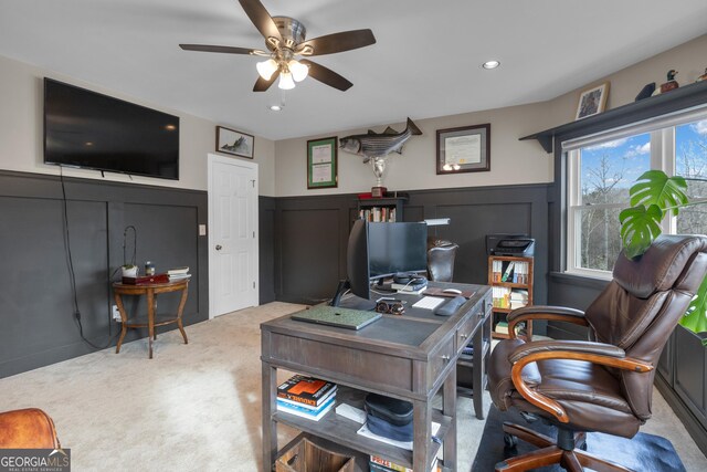 game room featuring ceiling fan, pool table, light carpet, and built in shelves