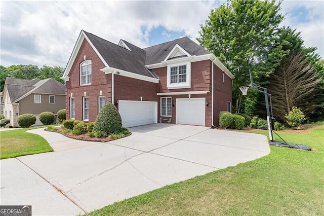 2080 Misty Oaks Dr, Buford, GA 30519 - view of front of home with an attached garage, brick siding, concrete driveway, and a front yard