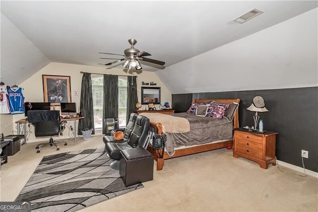 2080 Misty Oaks Dr, Buford, GA 30519 - carpeted bedroom featuring vaulted ceiling, an office area, a ceiling fan, and baseboards