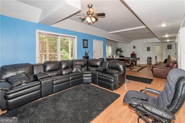 living room with pool table, ceiling fan, and wood-type flooring