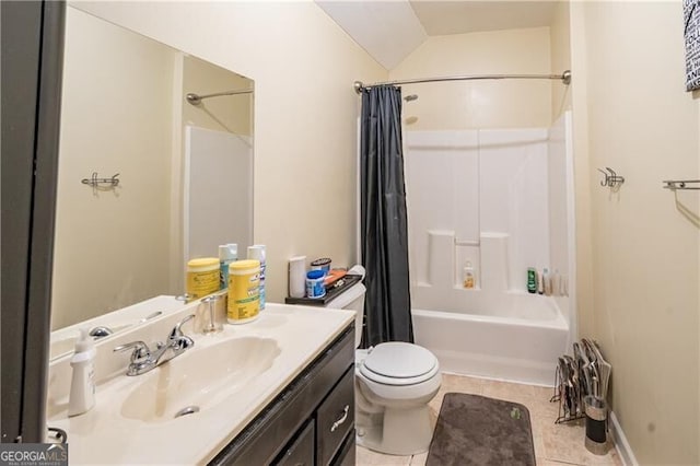 full bathroom with toilet, tile patterned flooring, lofted ceiling, shower / tub combo, and vanity