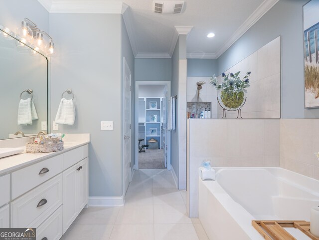 bathroom with tile patterned flooring, crown molding, independent shower and bath, and vanity