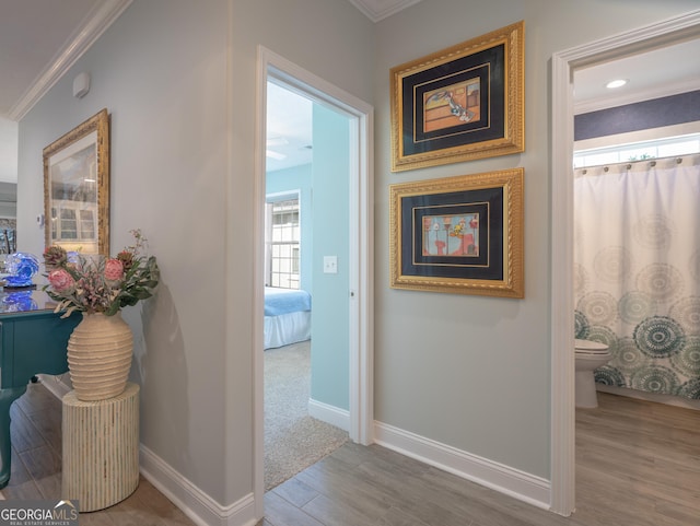 corridor with crown molding and hardwood / wood-style flooring