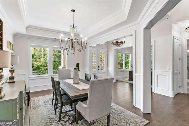 dining space featuring a raised ceiling, a chandelier, a healthy amount of sunlight, and dark hardwood / wood-style floors