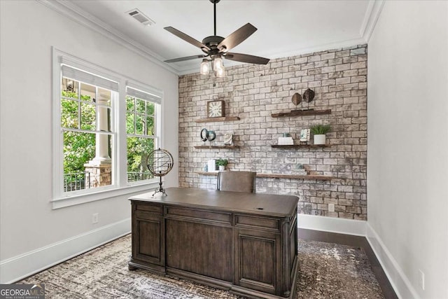 office with ornamental molding, ceiling fan, and hardwood / wood-style flooring