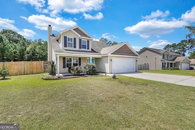 view of property with a front lawn and a garage