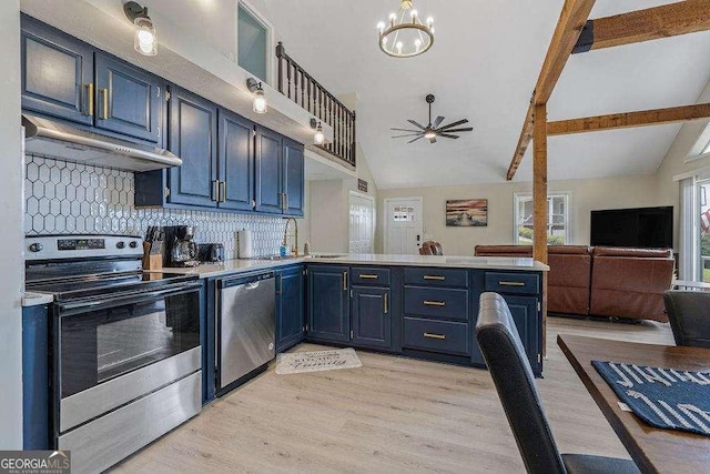 kitchen featuring blue cabinetry, appliances with stainless steel finishes, beamed ceiling, light hardwood / wood-style floors, and decorative backsplash