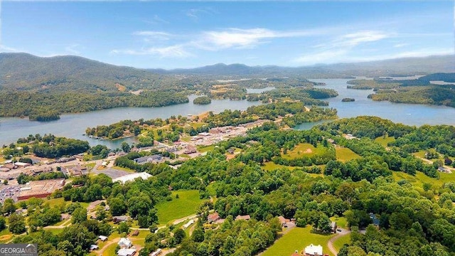 drone / aerial view with a water and mountain view