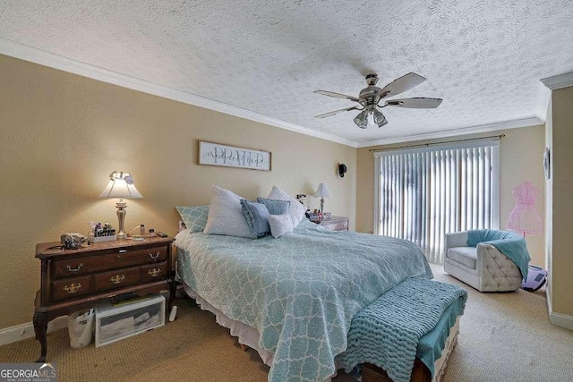 bedroom with a textured ceiling, ceiling fan, ornamental molding, and carpet flooring