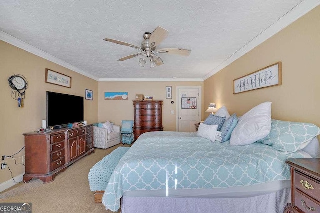 bedroom featuring a textured ceiling, ceiling fan, crown molding, and light colored carpet