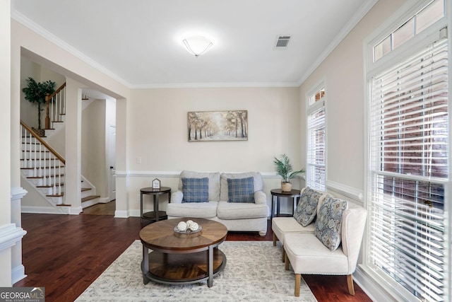 living room featuring crown molding and dark hardwood / wood-style floors