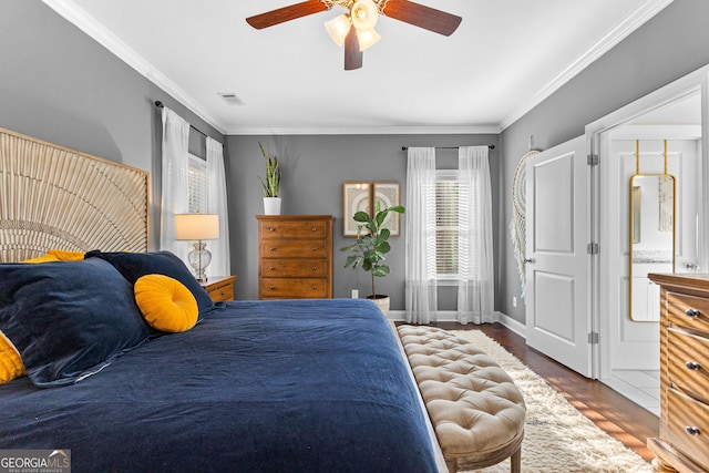 bedroom featuring ceiling fan, crown molding, and dark hardwood / wood-style flooring