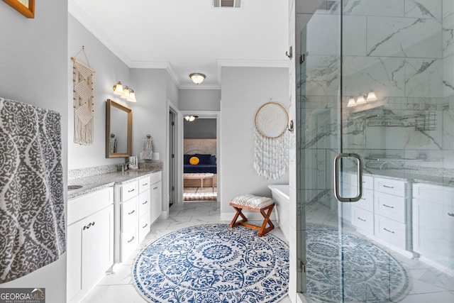 bathroom with ornamental molding, walk in shower, and vanity