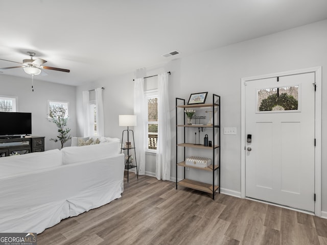 entryway with ceiling fan, plenty of natural light, and light hardwood / wood-style flooring